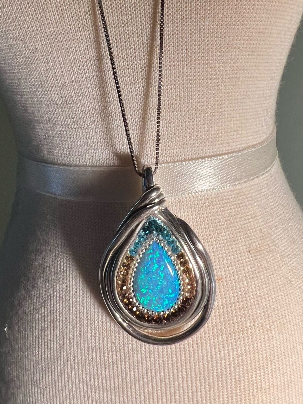Israel Blue Opal Teardrop Pendant Necklace in Silver Sterling Silver Israel